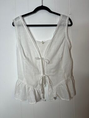 White Tie-Front Peplum Ruffle Tank Top Woven Cotton Size Small NWT